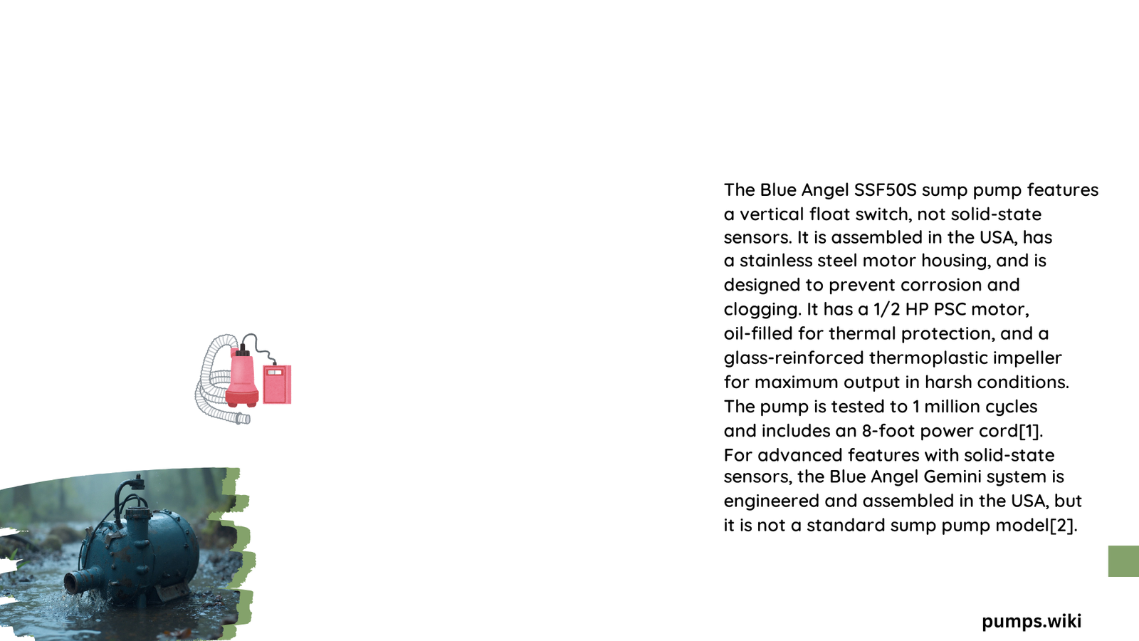 blue angel sump pump with solid state sensors