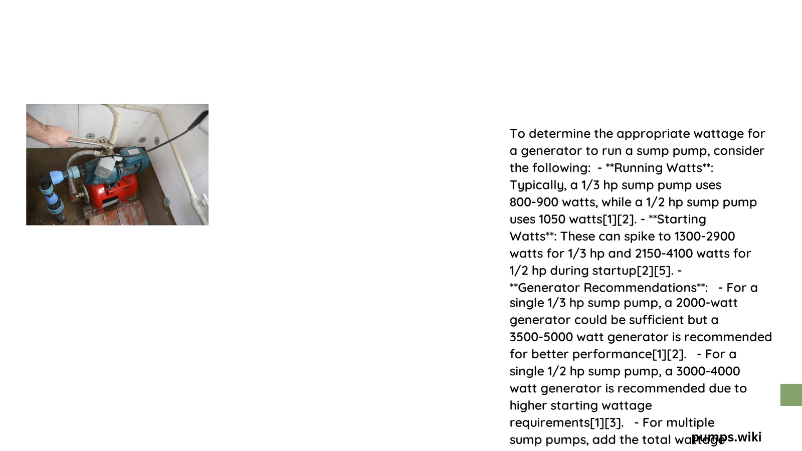 sump pump wattage for generator
